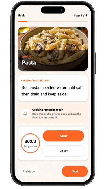 Recipe By Mom cooking mode screen with timer, reminder, and next step controls