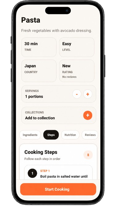 Recipe By Mom recipe details screen with cooking steps and start cooking button