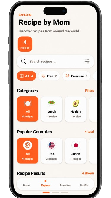 Recipe By Mom explore screen with categories, country filters, and recipe results