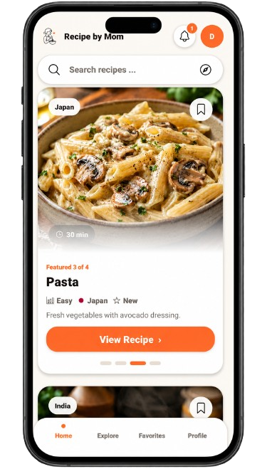 Recipe By Mom home screen with featured pasta recipe card