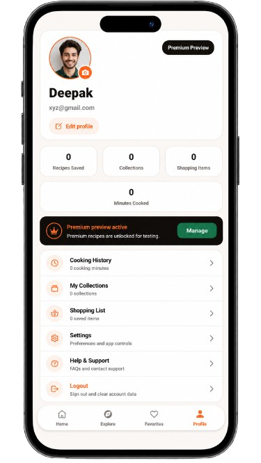 Recipe By Mom profile screen with premium preview, stats, and account menu